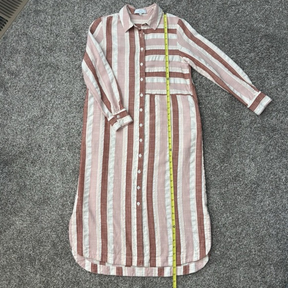 PEARL By Lela Rose Shirt Dress Size S Striped Midi Buttons Linen Neutral Classic - Picture 10 of 11